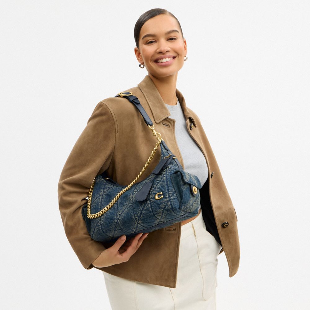 Coach Pocket Juliet Bag 30 In Regenerative Cotton Denim With Quilting Brass Dark Indigo
