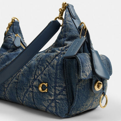 Coach Pocket Juliet Bag 30 In Regenerative Cotton Denim With Quilting Brass Dark Indigo