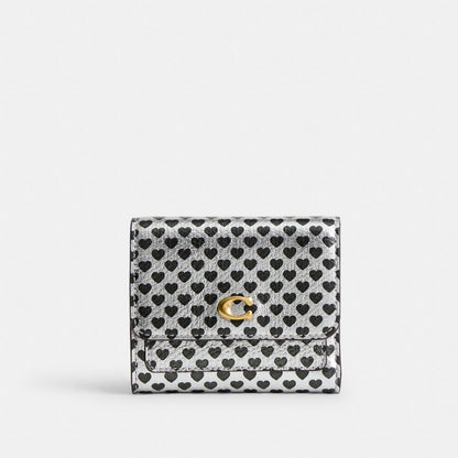 Coach Mila Small Flap Wallet With Heart Print Brass Silver Black Multi