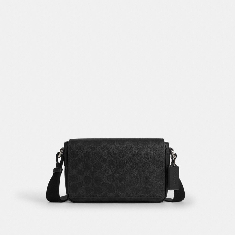 Coach Jack Small Flap Crossbody Bag In Signature Canvas Silver Black Signature