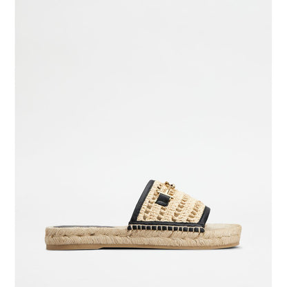 Tods Sandals In Leather And Fabric Black Beige Womens