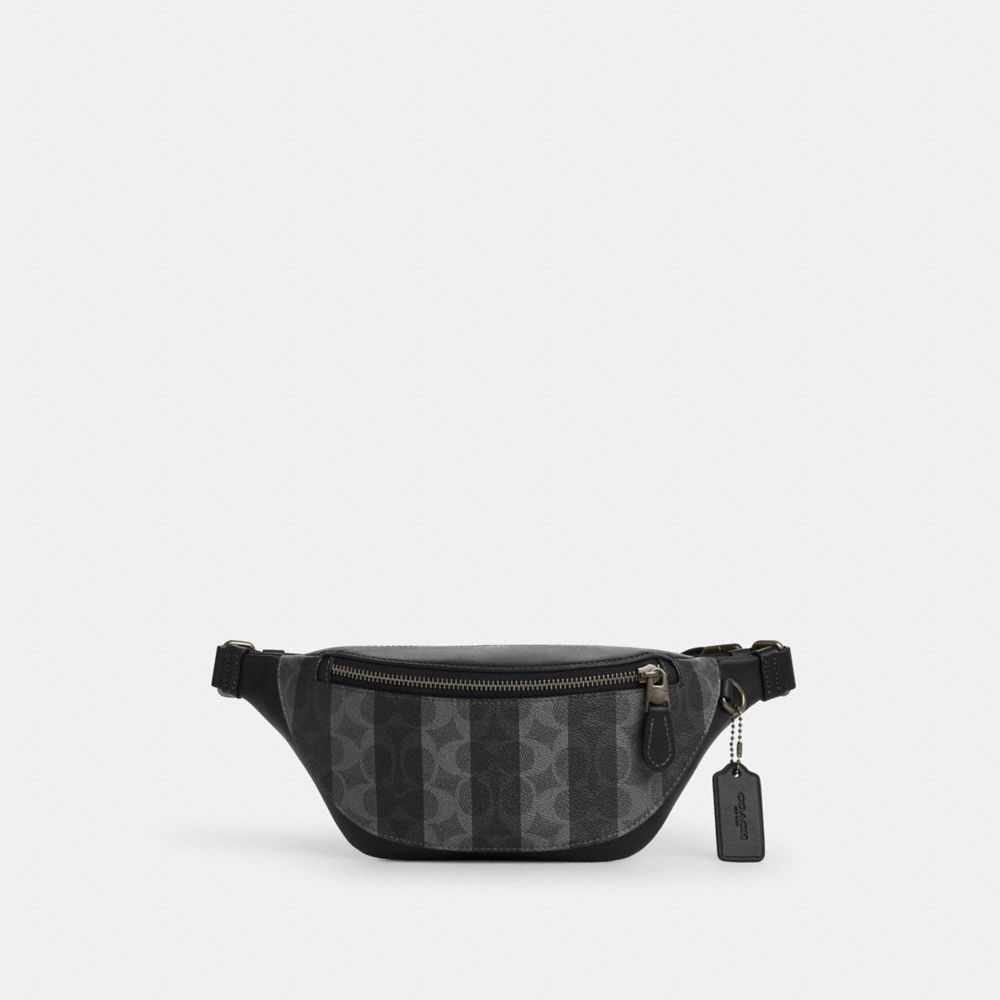 Coach Warren Mini Belt Bag In Signature Canvas With Stripes Gunmetal Black Grey