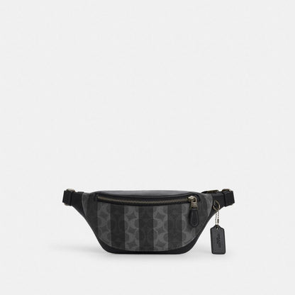 Coach Warren Mini Belt Bag In Signature Canvas With Stripes Gunmetal Black Grey