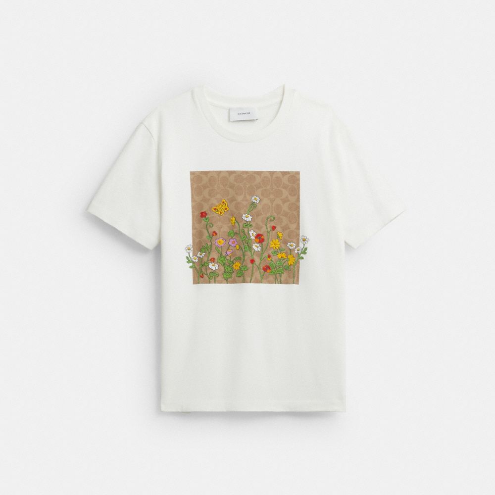 Coach Floral Signature Square Classic T Shirt In Organic Cotton Vintage Ivory Multi