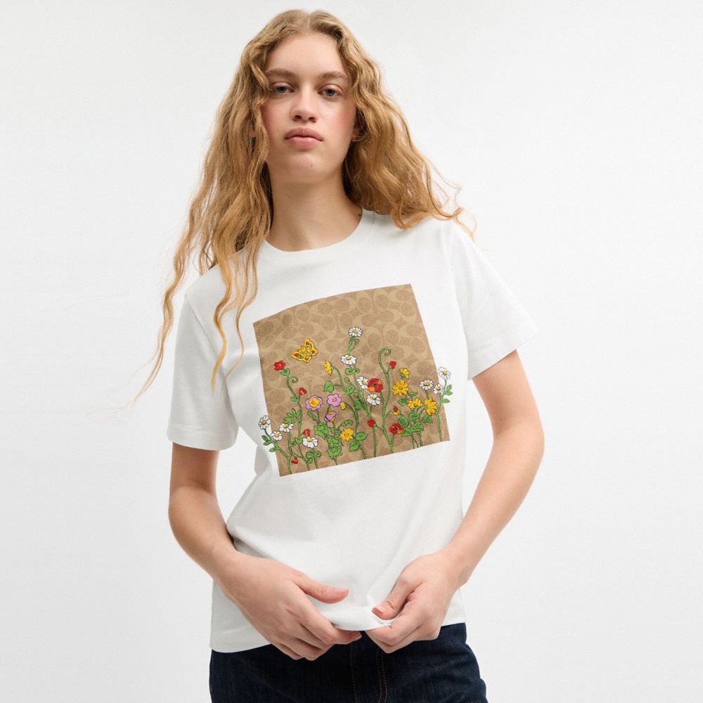 Coach Floral Signature Square Classic T Shirt In Organic Cotton Vintage Ivory Multi