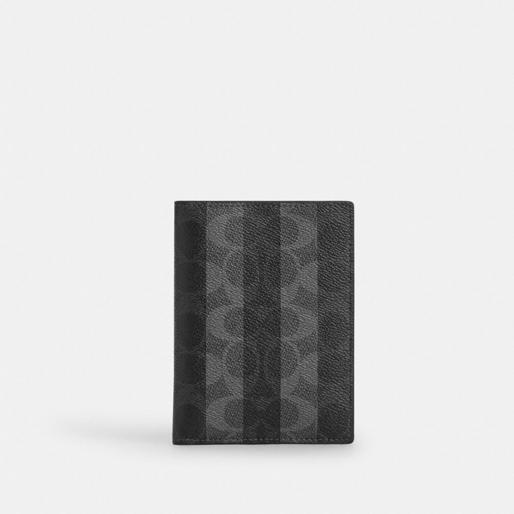 Coach Passport Card Case In Signature Canvas With Stripes Gunmetal Black Grey