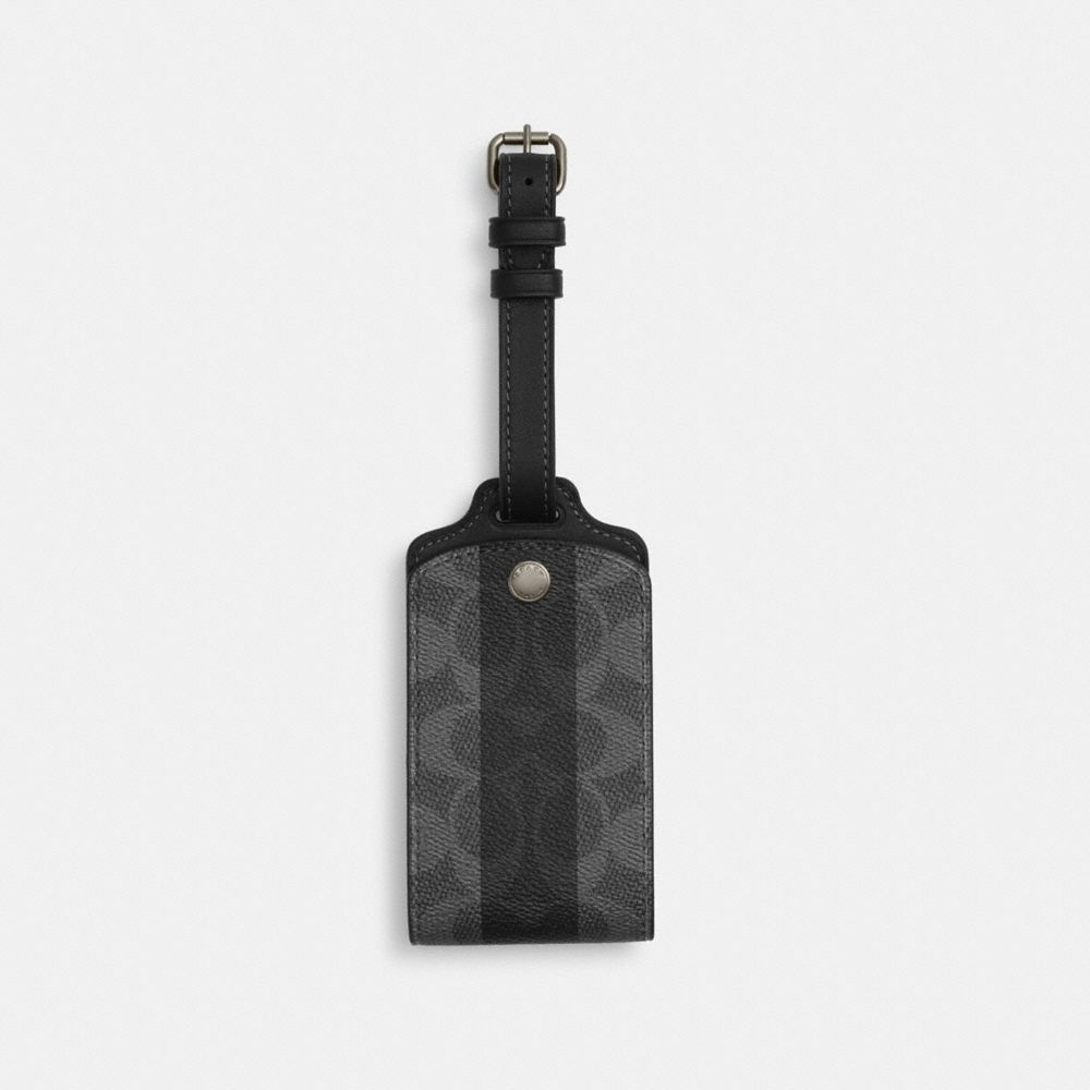 Coach Luggage Tag In Signature Canvas With Stripes Gunmetal Black Grey