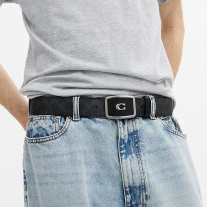 Coach Signature Plaque Buckle Belt, 38 Mm Black Signature