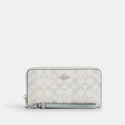 Coach Long Zip Around Wallet In Signature Canvas Silver Chalk Blue