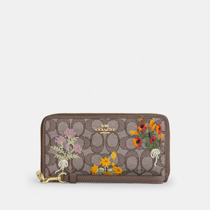 Coach Long Zip Around Wallet In Signature Jacquard With Floral Embroidery Gold Oak Multi