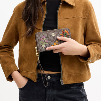 Coach Long Zip Around Wallet In Signature Jacquard With Floral Embroidery Gold Oak Multi