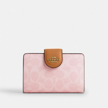 Coach Medium Corner Zip Wallet In Signature Canvas Gold Powder Pink