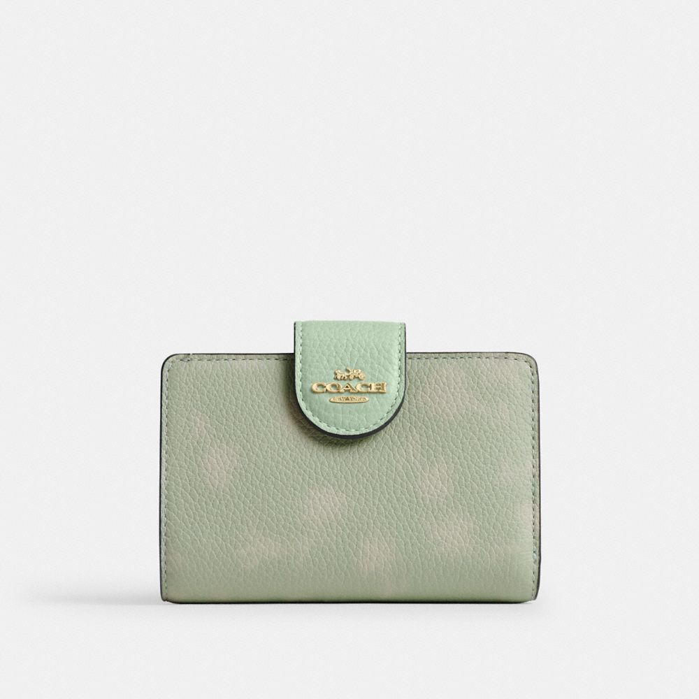 Coach Medium Corner Zip Wallet With Floral Print Gold/Pale Green
