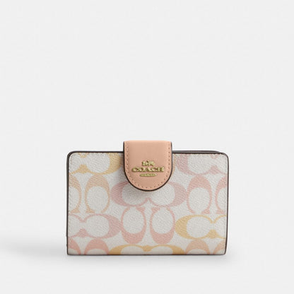 Coach Medium Corner Zip Wallet In Signature Canvas Gold Chalk Pink