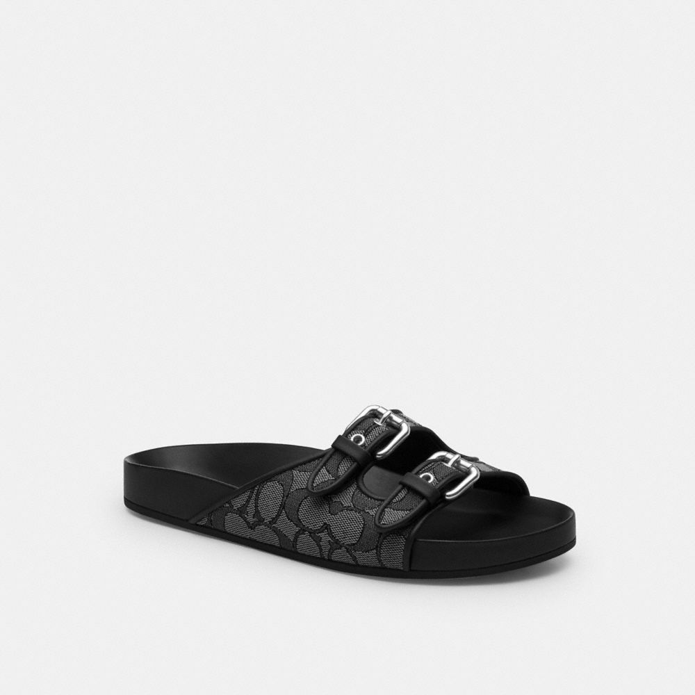 Women's Coach Two Band Buckle Sandal In Signature Jacquard Charcoal Black