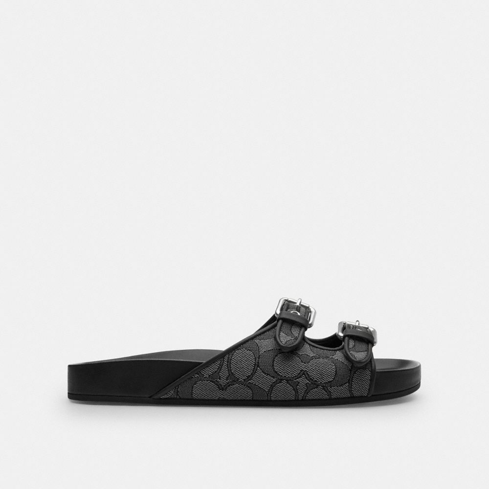 Women's Coach Two Band Buckle Sandal In Signature Jacquard Charcoal Black