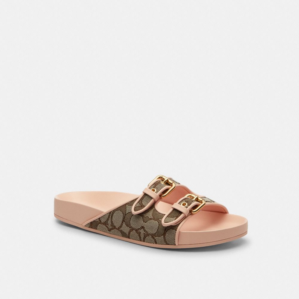 Women's Coach Two Band Buckle Sandal In Signature Jacquard Oak Candy Pink
