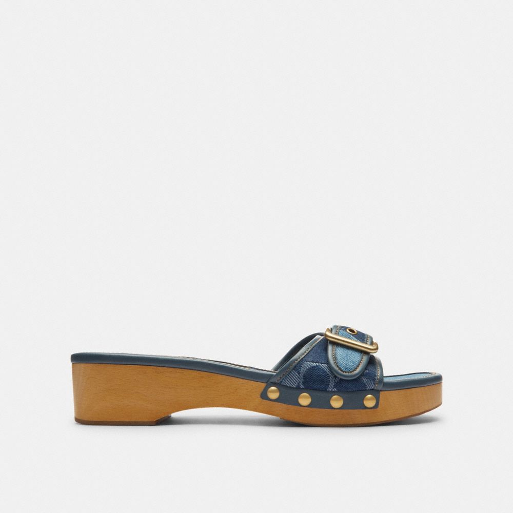 Women's Coach Margot Wooden Sandal With Signature Denim Patchwork Denim Multi