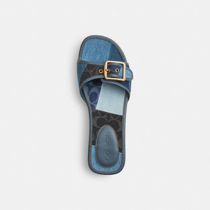 Women's Coach Margot Wooden Sandal With Signature Denim Patchwork Denim Multi