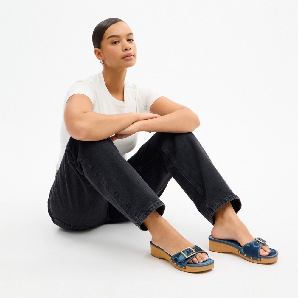 Women's Coach Margot Wooden Sandal With Signature Denim Patchwork Denim Multi