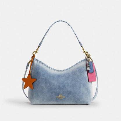 Coach Laurel Shoulder Bag In Loved Denim With Charms Gold Light Indigo