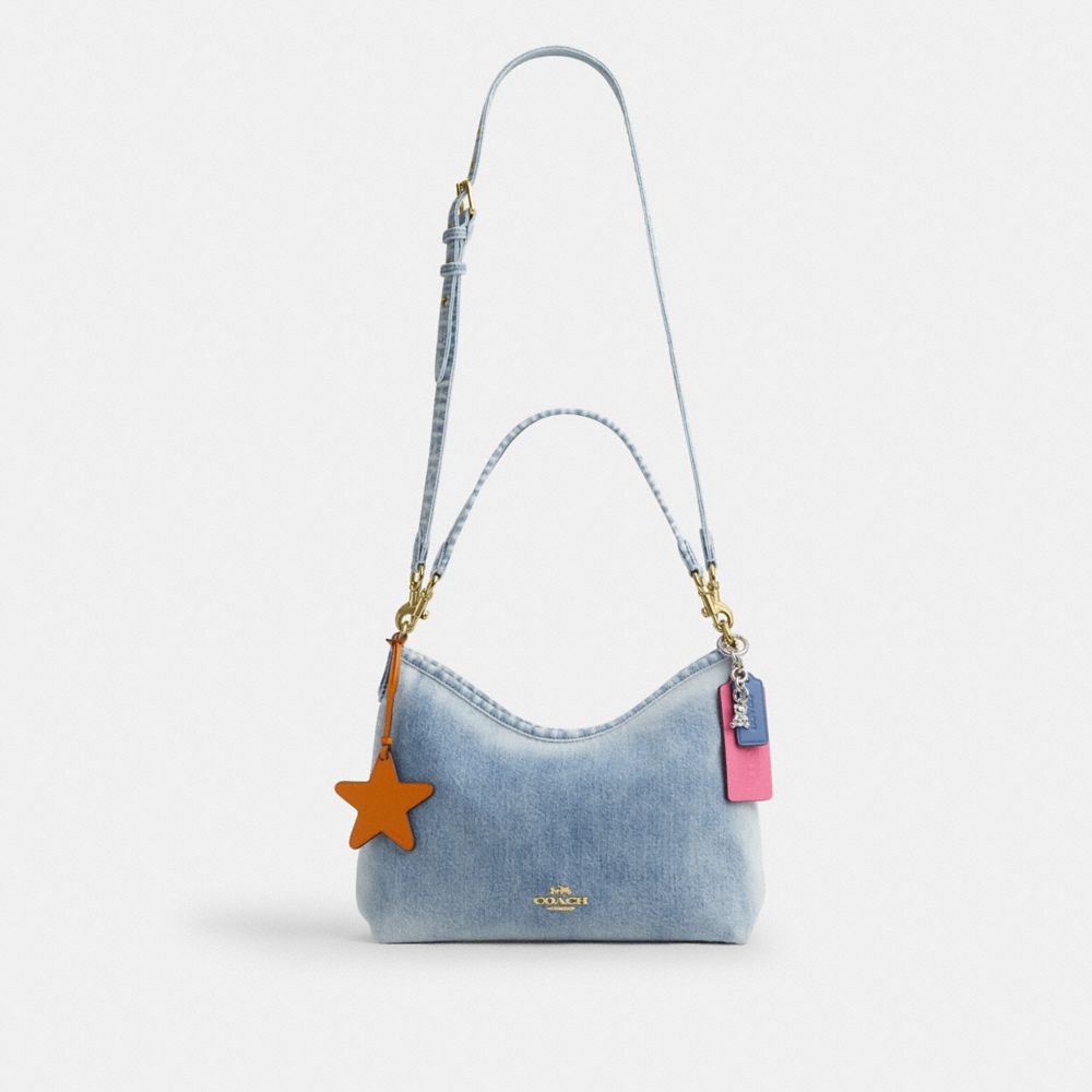 Coach Laurel Shoulder Bag In Loved Denim With Charms Gold Light Indigo