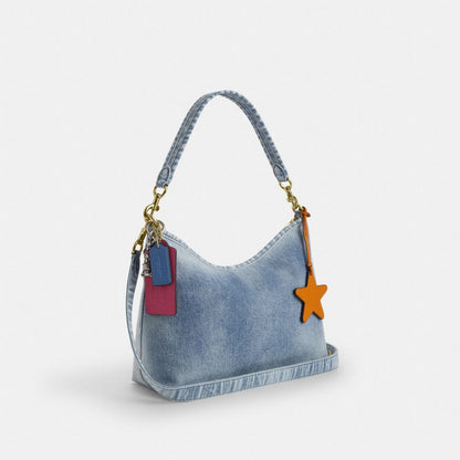 Coach Laurel Shoulder Bag In Loved Denim With Charms Gold Light Indigo