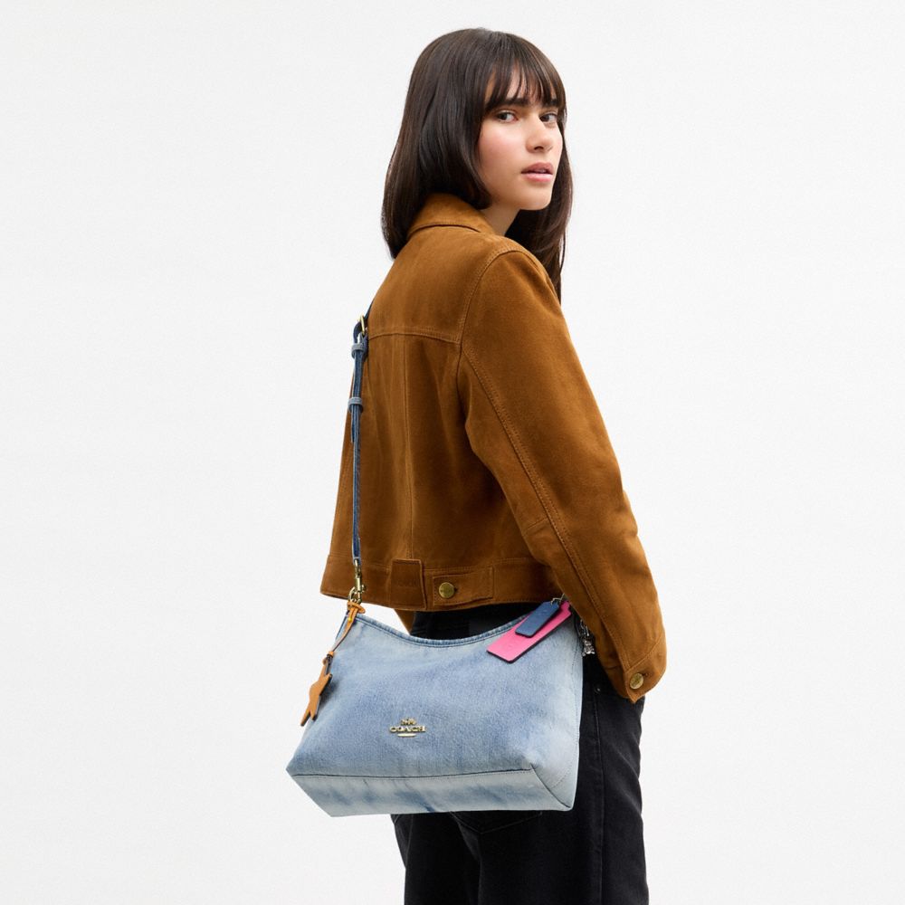 Coach Laurel Shoulder Bag In Loved Denim With Charms Gold Light Indigo