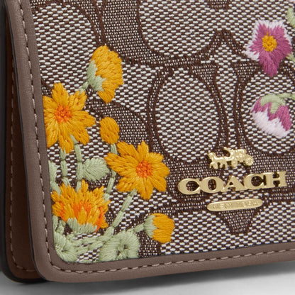 Coach Mini Wallet On A Chain In Signature Jacquard With Floral Embroidery Gold Oak Multi