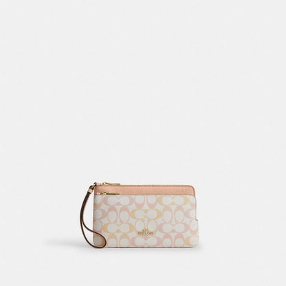 Coach Double Zip Wristlet In Signature Canvas Gold Chalk Pink