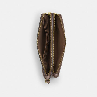 Coach Double Zip Wristlet In Signature Jacquard With Floral Embroidery Gold Oak Multi