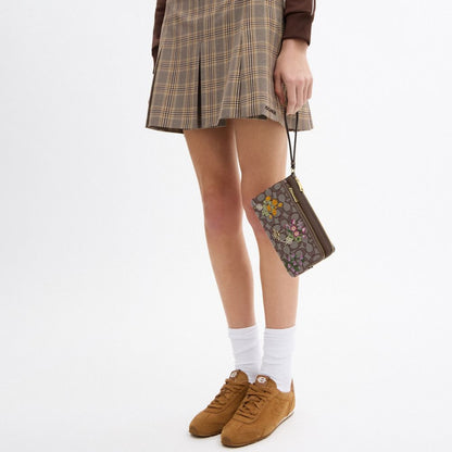 Coach Double Zip Wristlet In Signature Jacquard With Floral Embroidery Gold Oak Multi