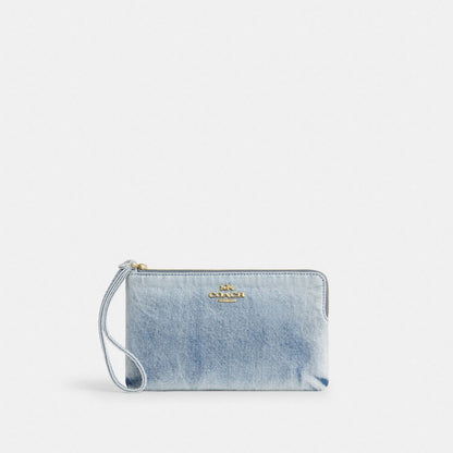 Coach Large Corner Zip Wristlet In Loved Denim Gold Light Indigo