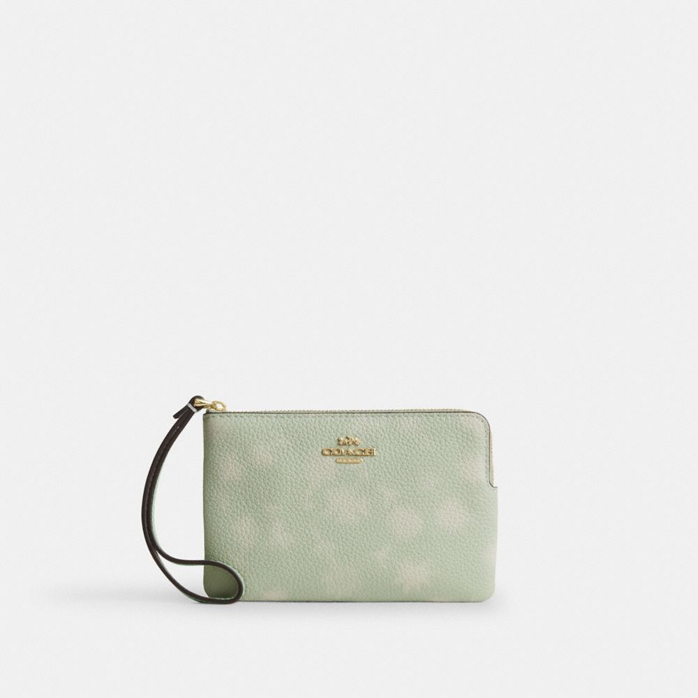 Coach Corner Zip Wristlet With Floral Print Gold/Pale Green
