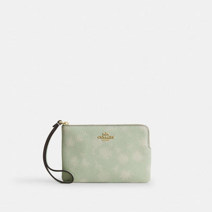 Coach Corner Zip Wristlet With Floral Print Gold/Pale Green