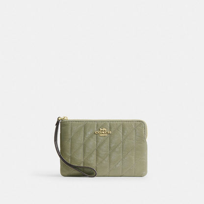 Coach Corner Zip Wristlet With Quilting Gold Pistachio