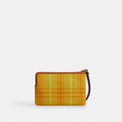 Coach Corner Zip Wristlet In Regenerative Cotton With Plaid Print Gold Burnished Amber