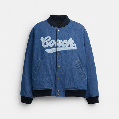 Coach Denim Varsity Jacket In Organic Cotton Washed Blue Multi