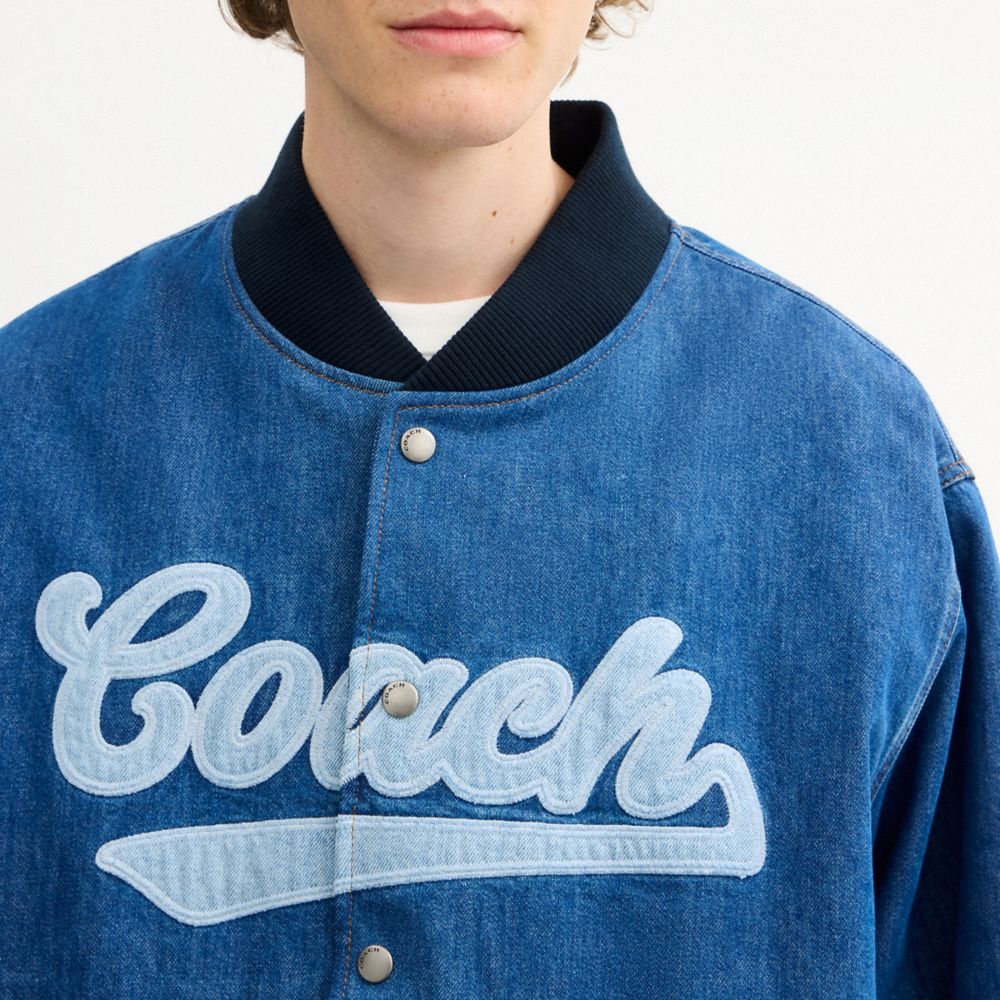 Coach Denim Varsity Jacket In Organic Cotton Washed Blue Multi