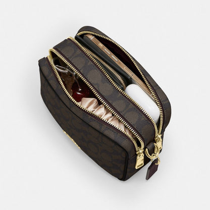 Coach Mini Carey Crossbody Bag In Signature Canvas Gold Walnut Black