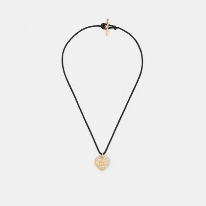 Coach Pavé Heart Cord Pendant Necklace Gold Black