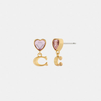 Coach Heart Signature Stud Drop Earrings Gold Pink
