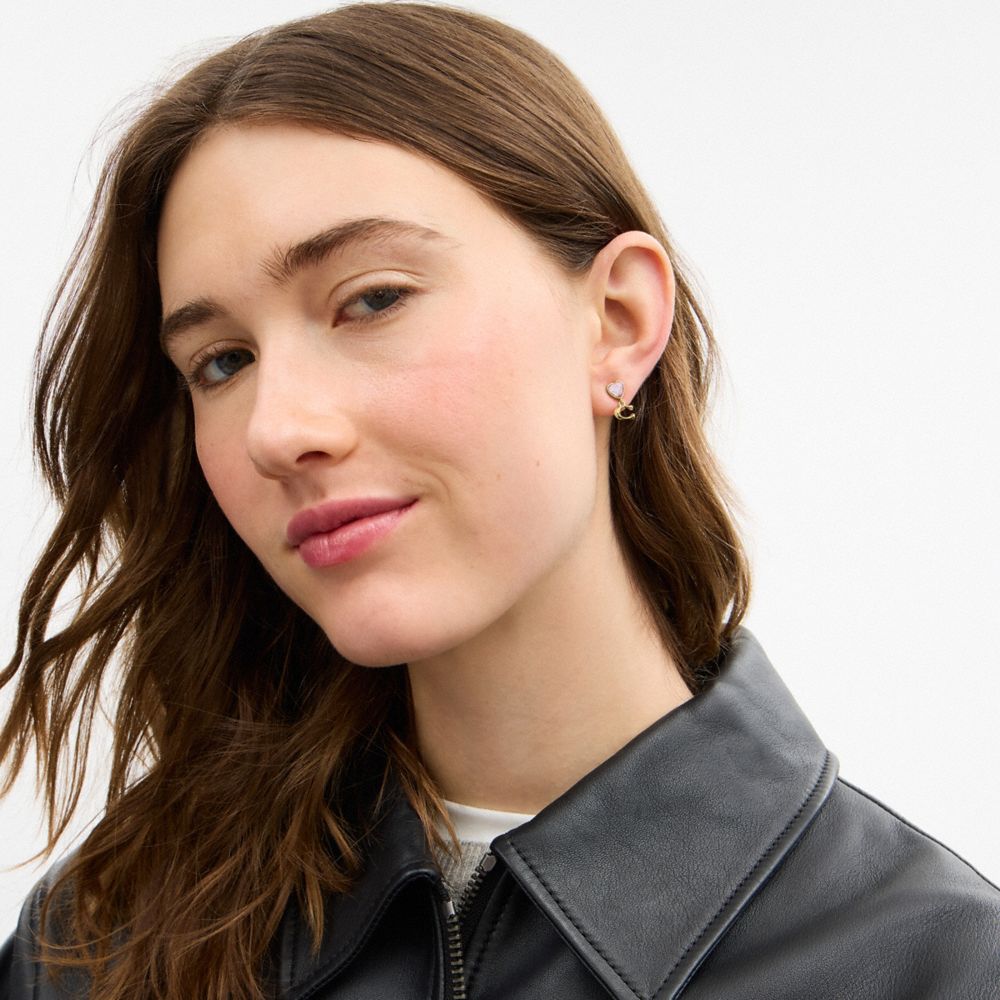 Coach Heart Signature Stud Drop Earrings Gold Pink