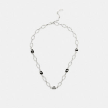 Coach Signature Link Enamel Chain Necklace Silver Black