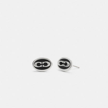 Coach Signature Link Enamel Stud Earrings Silver Black
