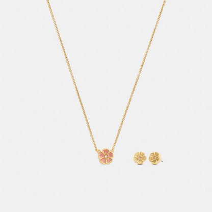Coach Enamel Tea Rose Earrings And Necklace Set Gold Pink