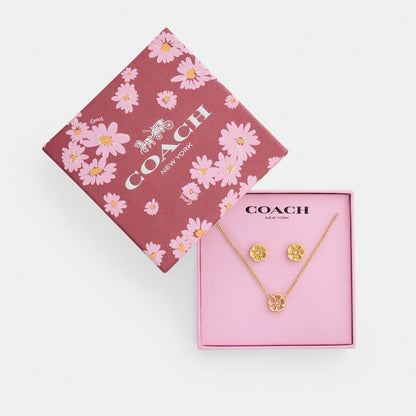 Coach Enamel Tea Rose Earrings And Necklace Set Gold Pink