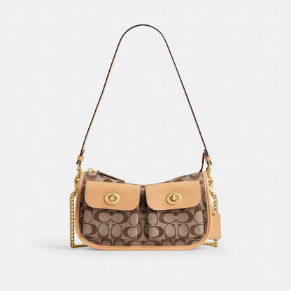 Coach Twin Turnlock Waverly Bag In Signature Jacquard Brass Khaki Light Peach