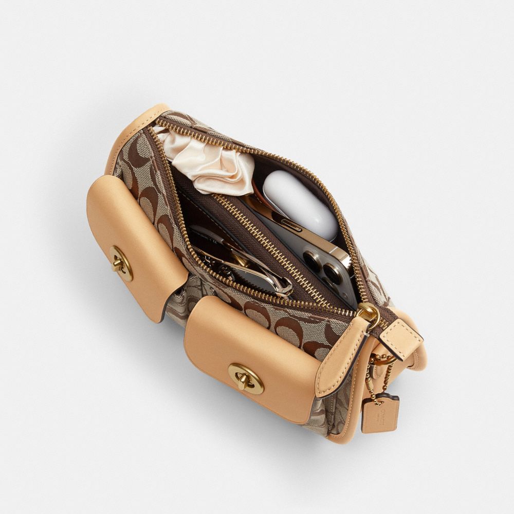 Coach Twin Turnlock Waverly Bag In Signature Jacquard Brass Khaki Light Peach