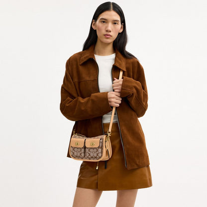 Coach Twin Turnlock Waverly Bag In Signature Jacquard Brass Khaki Light Peach